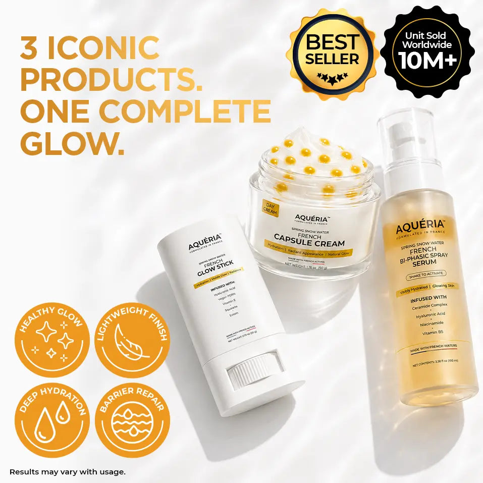 [AQUÉRIA] Ultimate French Glass Skin Combo｜Affordable 3 Viral Product French Skincare Bundle｜Ultra Hydration + Glass Skin Glow + Moisture + Barrier Repair｜Bi-Phase Spray Serum, Capsule Cream & Glow Stick｜Vegan PDRN, Ceramide Complex