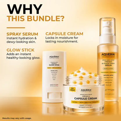 [AQUÉRIA] Ultimate French Glass Skin Combo｜Affordable 3 Viral Product French Skincare Bundle｜Ultra Hydration + Glass Skin Glow + Moisture + Barrier Repair｜Bi-Phase Spray Serum, Capsule Cream & Glow Stick｜Vegan PDRN, Ceramide Complex