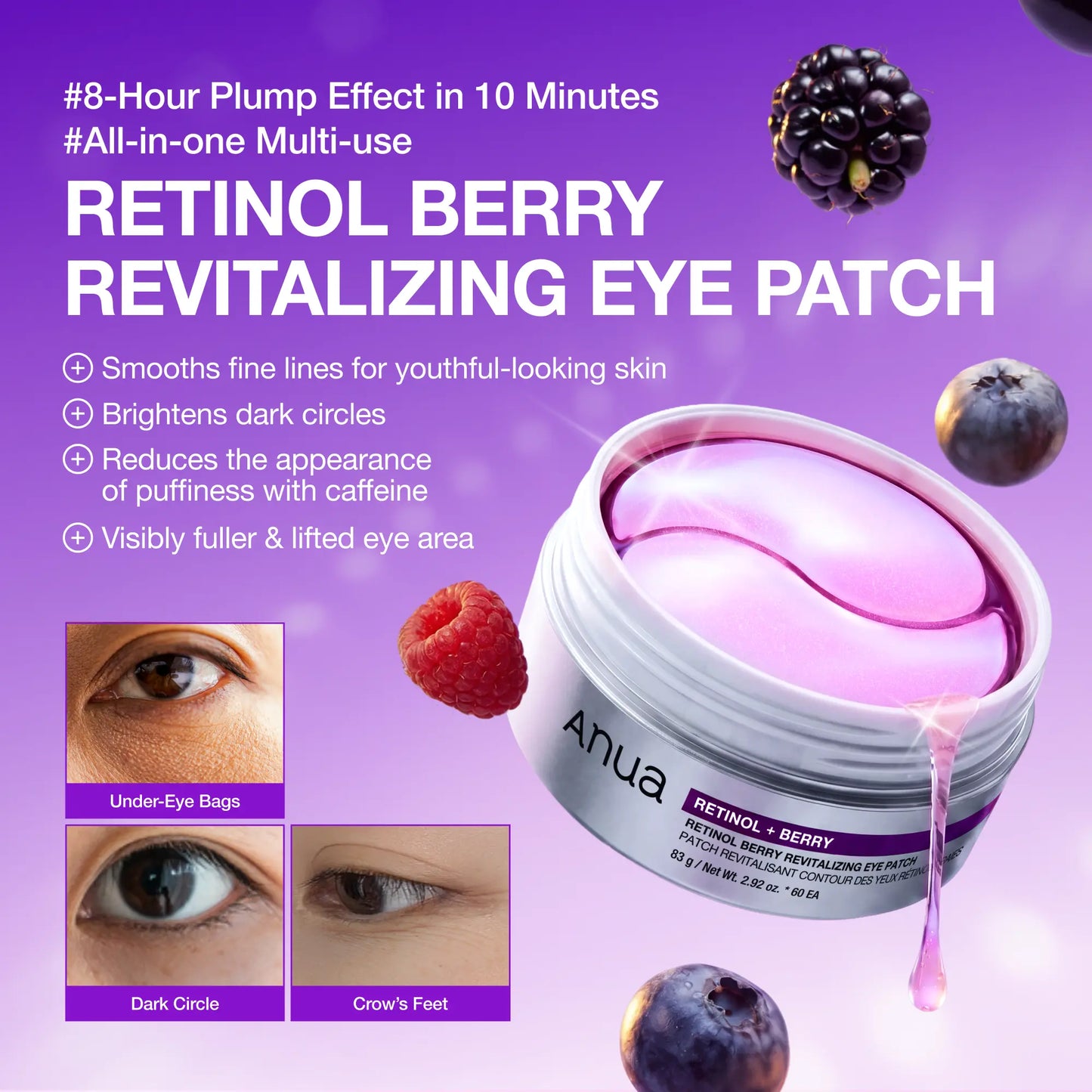 [Anua] Retinol Berry Revitalizing Eye Patch for Wrinkle and Dark Circles(60Ea), 8Hour Plumping Effect in 10 Minutes, Fuller Looking & Lifted Skin, Hyal-Plumping Effect, Brightens Undereye by Antioxidant Berry Extracts, Relieves Puffiness with Caffeine