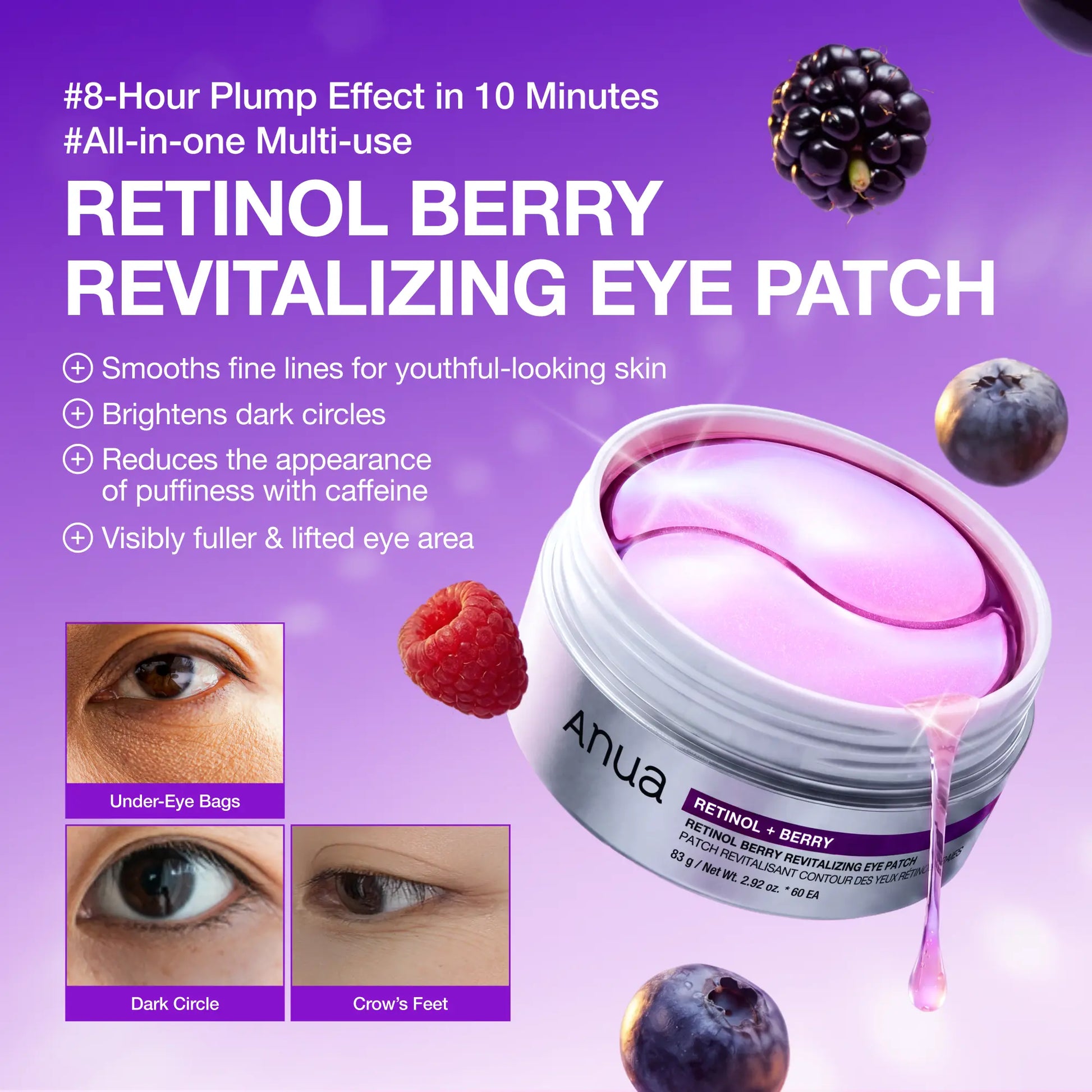 [Anua] Retinol Berry Revitalizing Eye Patch for Wrinkle and Dark Circles(60Ea), 8Hour Plumping Effect in 10 Minutes, Fuller Looking & Lifted Skin, Hyal-Plumping Effect, Brightens Undereye by Antioxidant Berry Extracts, Relieves Puffiness with Caffeine