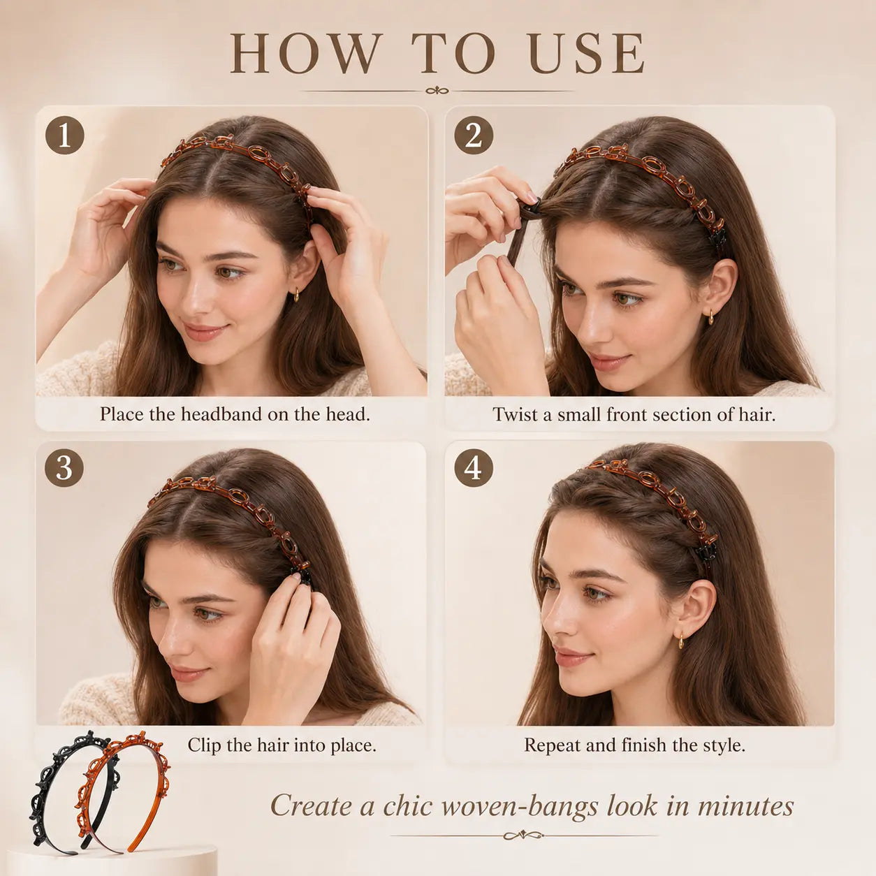 Women'S 2PCS Fashion Toothed Headband Accessory Set, Multicolor Non-Slip Comb Hair Hoops, Lightweight Plastic Make up Headband for Daily Styling, Work, Black
