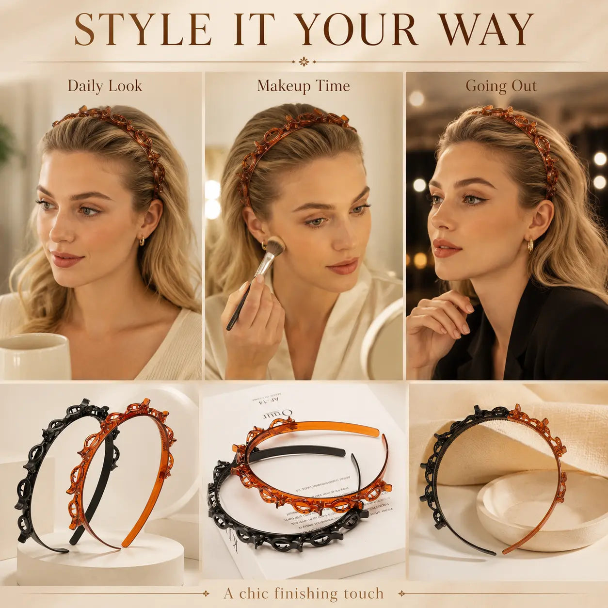 Women'S 2PCS Fashion Toothed Headband Accessory Set, Multicolor Non-Slip Comb Hair Hoops, Lightweight Plastic Make up Headband for Daily Styling, Work, Black