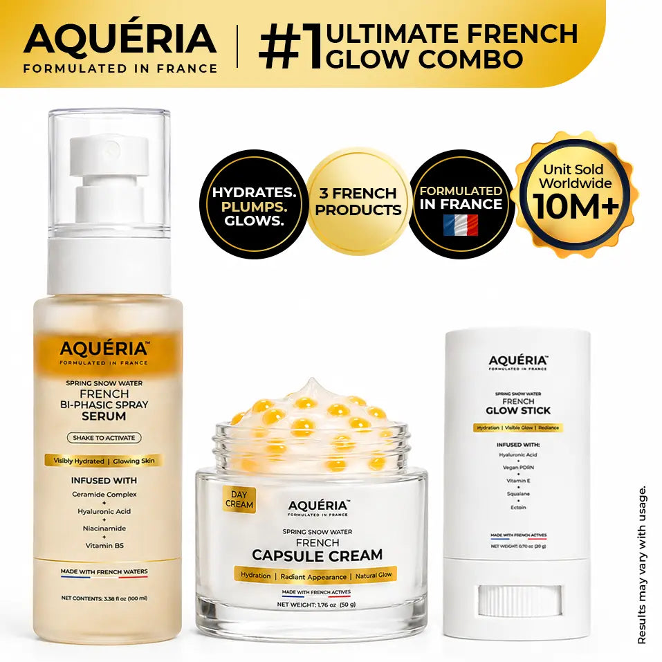[AQUÉRIA] Ultimate French Glass Skin Combo｜Affordable 3 Viral Product French Skincare Bundle｜Ultra Hydration + Glass Skin Glow + Moisture + Barrier Repair｜Bi-Phase Spray Serum, Capsule Cream & Glow Stick｜Vegan PDRN, Ceramide Complex